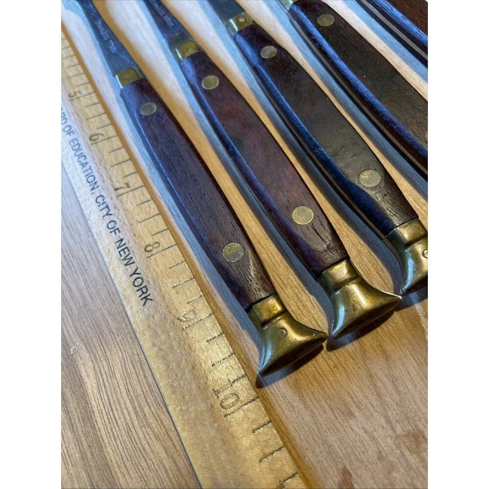 Mid Century Fondue Forks Teak Stainless Steel 3 Prong Brass Accent 5 pcs Japan